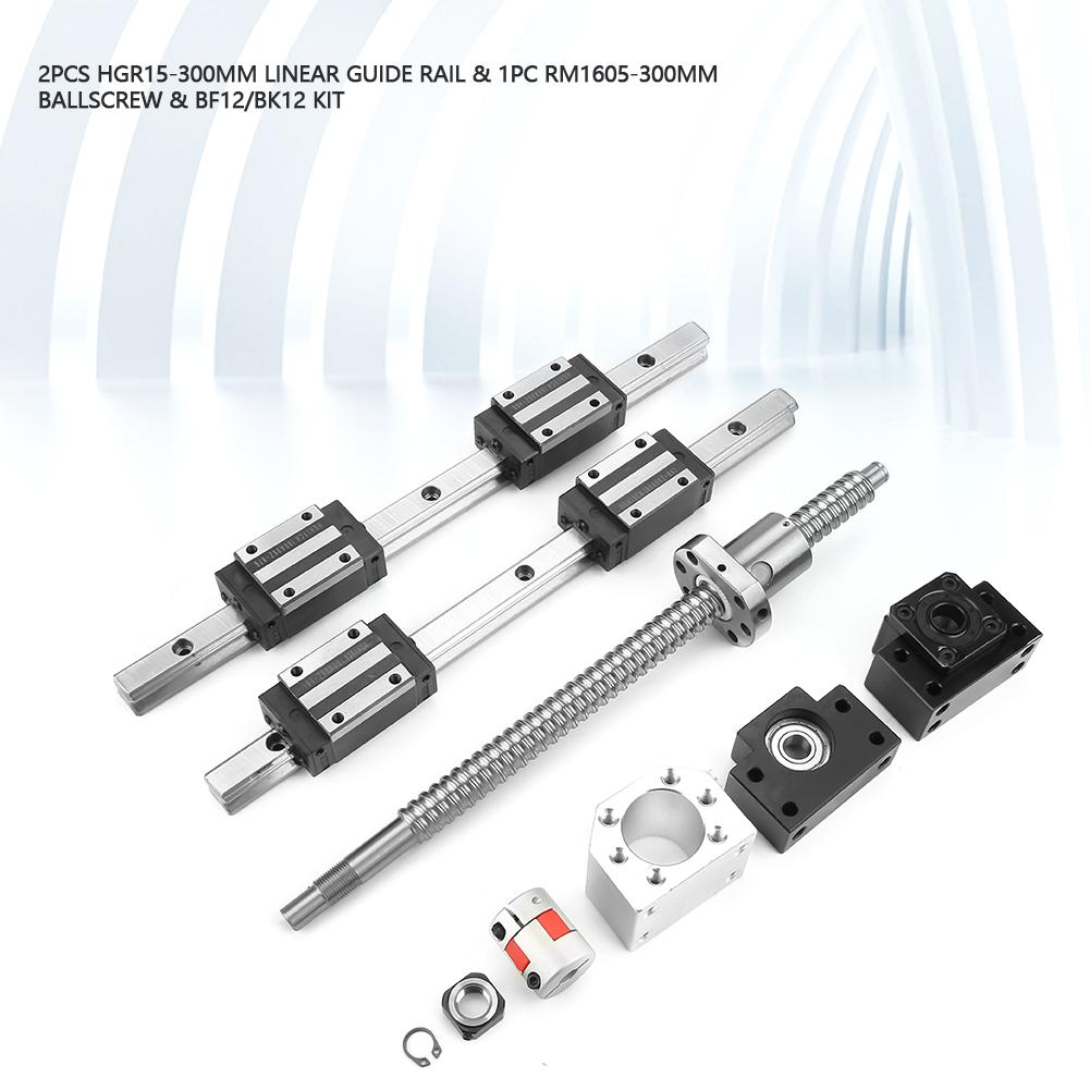 2pcs HGR15 300mm Linear Guide Rail & 1pc RM1605 300mm Ballscrew & BF12 BK12 Kit