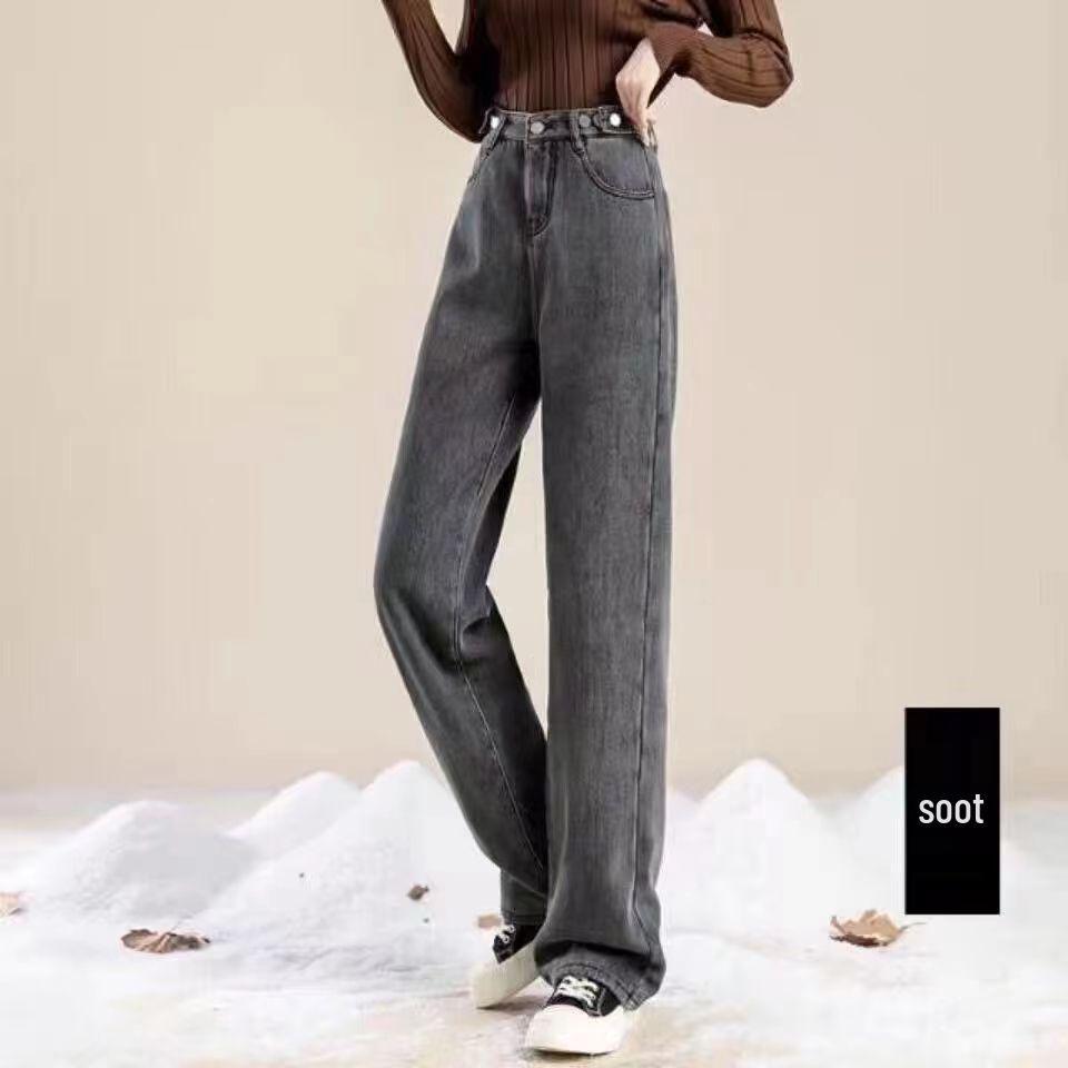 Women's Light Blue Fleece-Lined Wide-Leg Jeans - Winter New Straight-Leg Warm Pants for Students