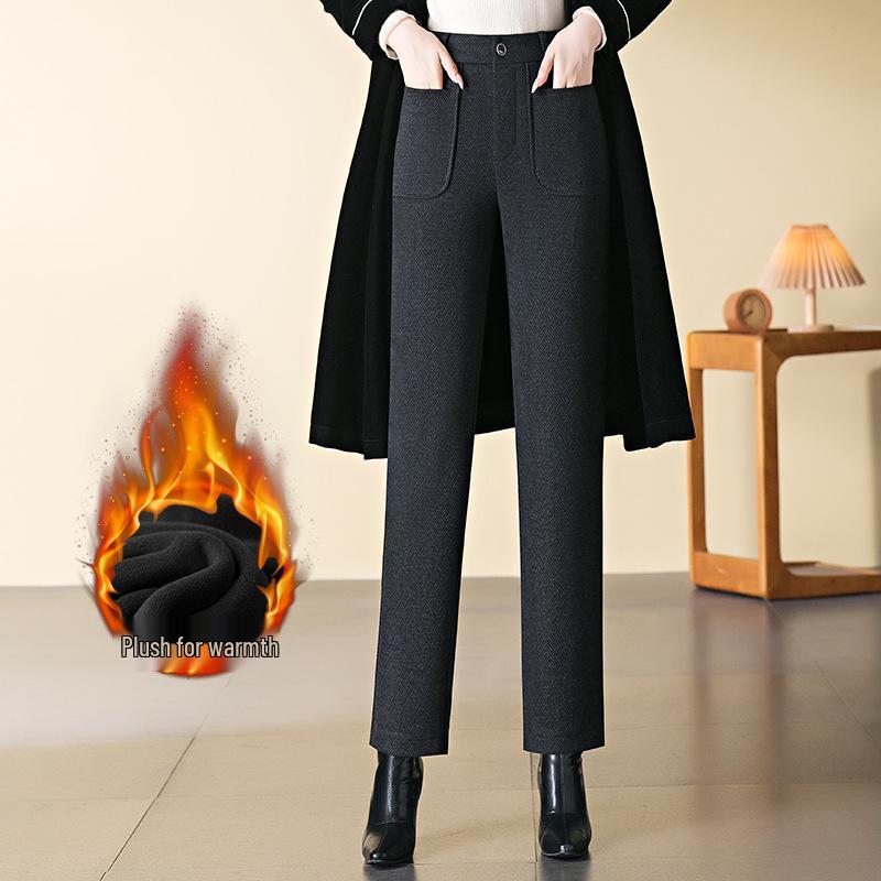 High-Waisted Angora Wool-Blend Straight-Leg Pants - Red, Thickened for Winter 2024
