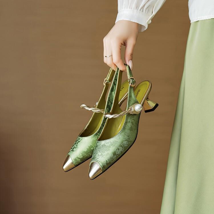 Damen Sandalen Sommer Neu Retro Spitz Niedriger Absatz Schnalle Zehenbereich High Heels Mode Temperament Perle Stiletto Sandalen