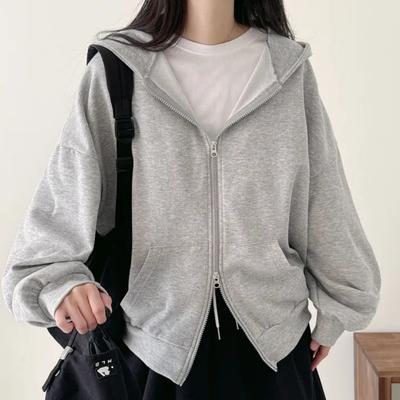 Women's Hooded Long Sleeve Zip Up Cardigan Oversized Fit Casual Top Solid Color Cropped Hoodie Jacket