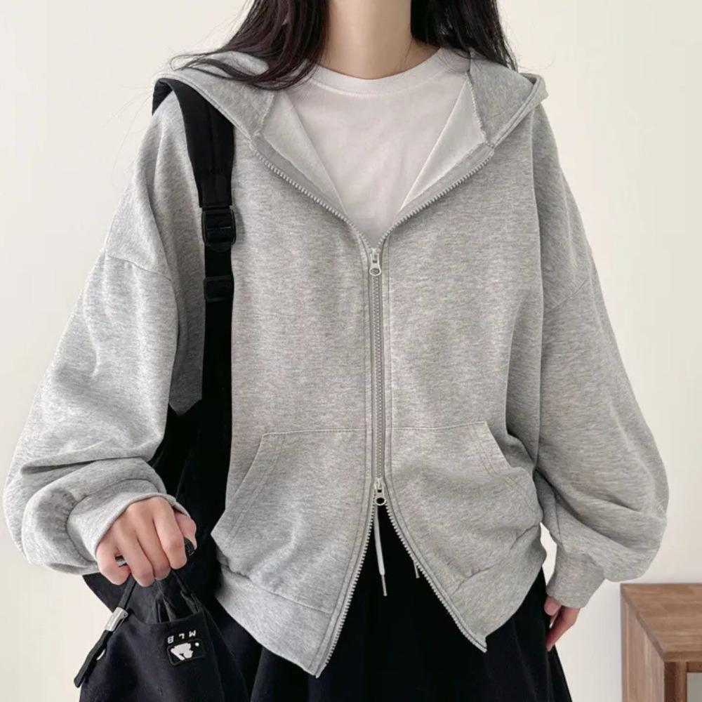 Women's Hooded Long Sleeve Zip Up Cardigan Oversized Fit Casual Top Solid Color Cropped Hoodie Jacket