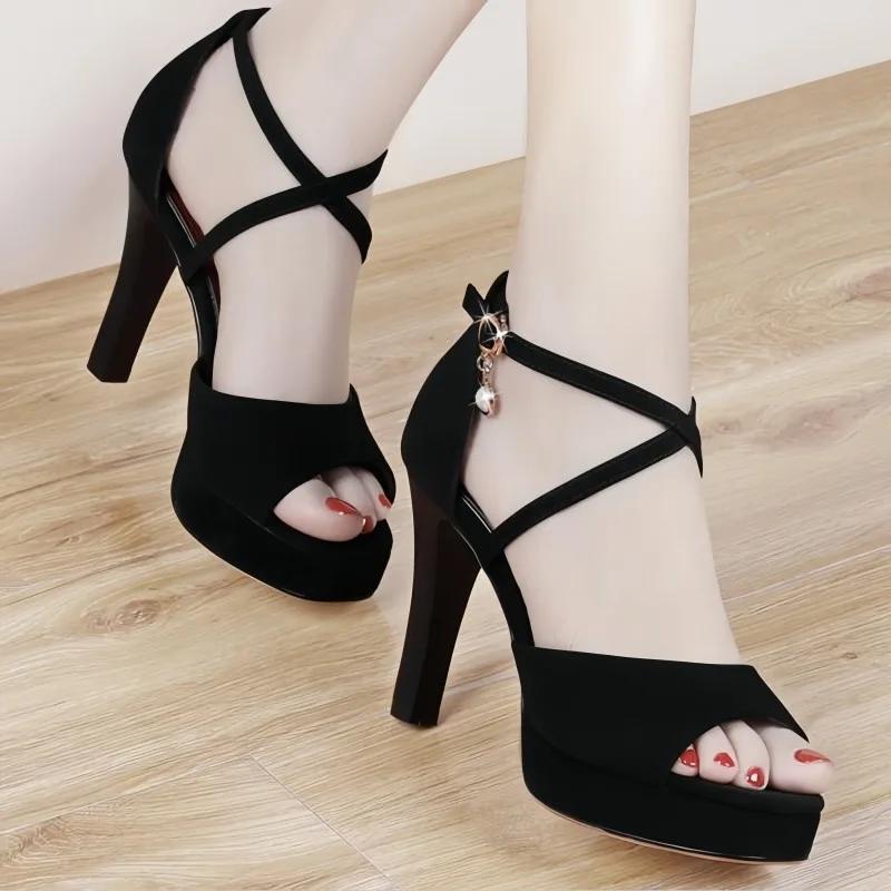 2025 Summer Peep Toe Women's Sandals Buckle Strap Office and Career New Solid Best Seller Comfortable Heeled Sandals