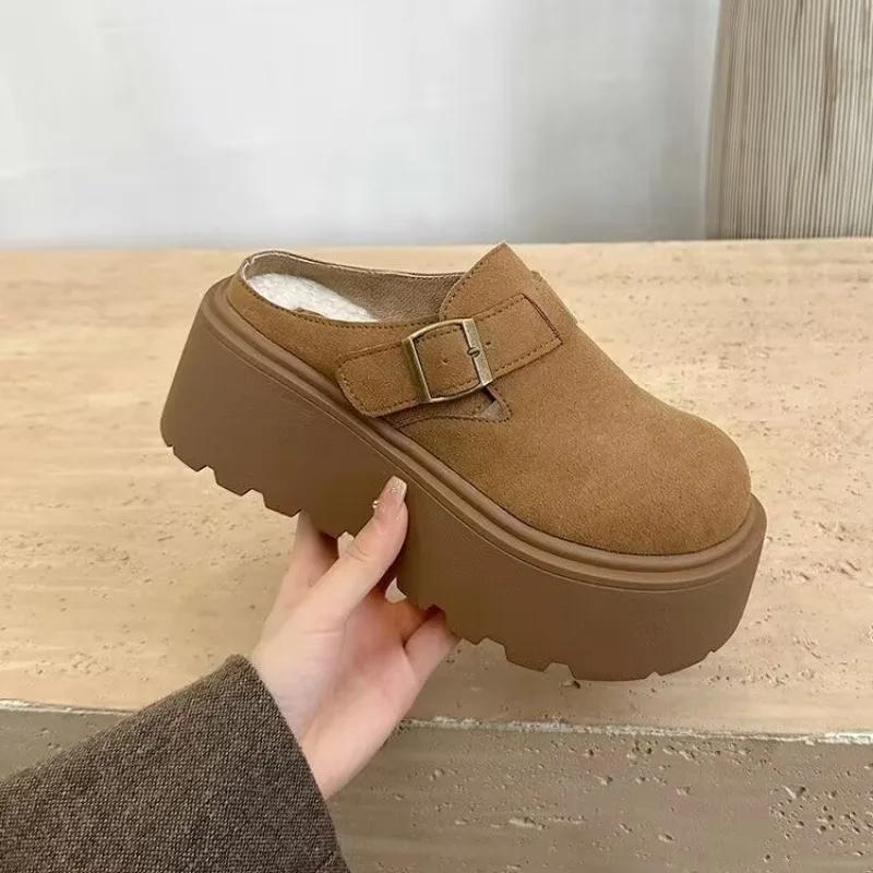 Fashion Women's Cotton Slippers New Winter Toe-toe Slippers Fashionable Round-toe Suede Plus Velvet Thick-soled Buckle Women's Shoes