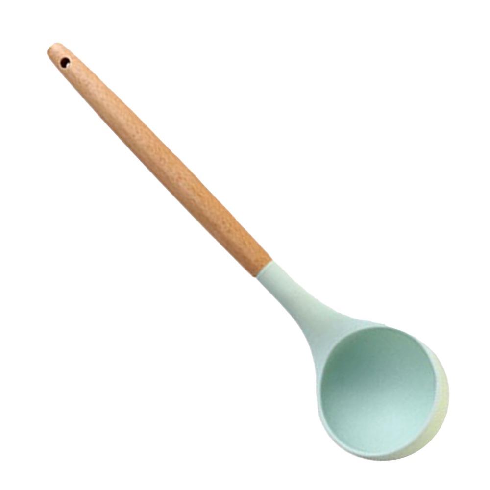Silicone Soup Spoon Solid Wood Ladle Kitchen Scoop Light‑weight Serving Spoon Household