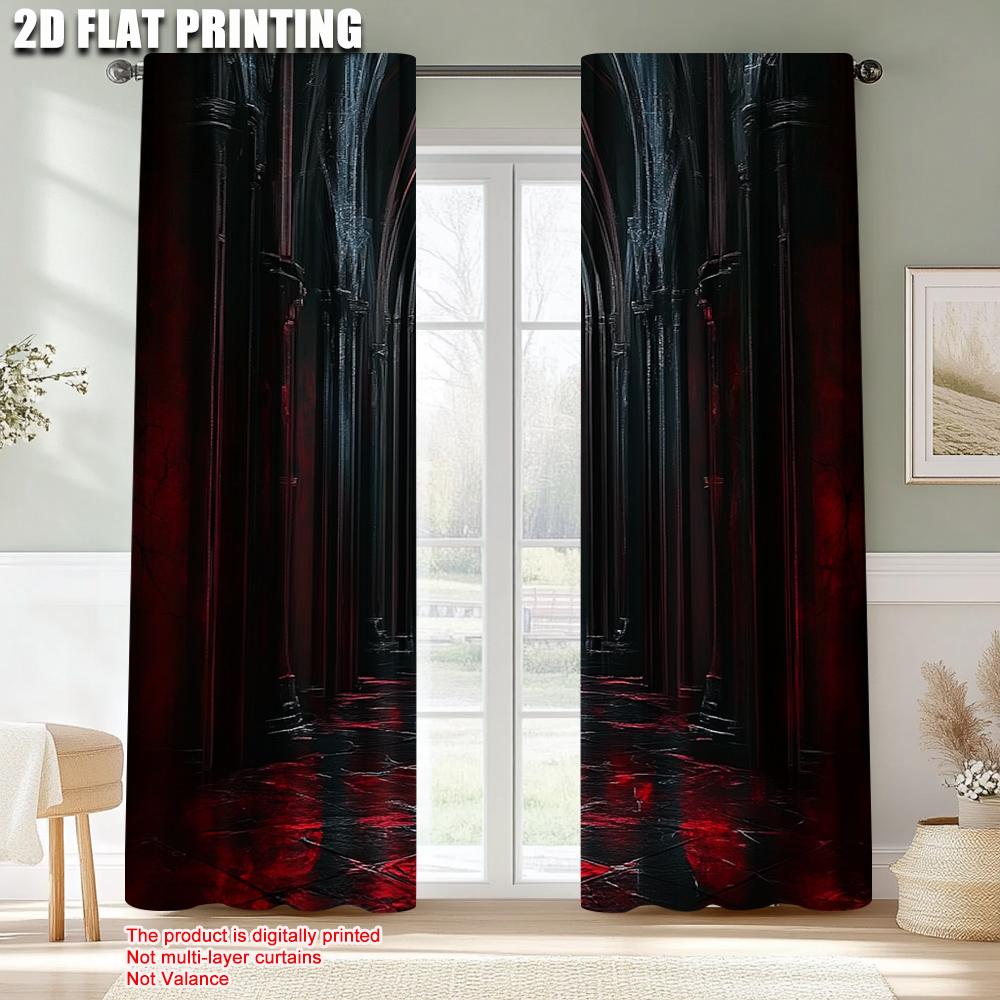 2pcs   Fashionable Curtains 2D print Gothic Archway Black and Red Machine Washable (without rod) Thermal Insulation   and Room