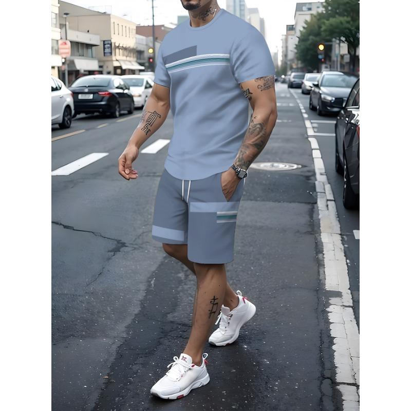 New 3D Printing Men's Sportswear Fitness Set Running Suit Casual T-shirt+shorts Set Breathable Jogging Sportswear Striped Suit