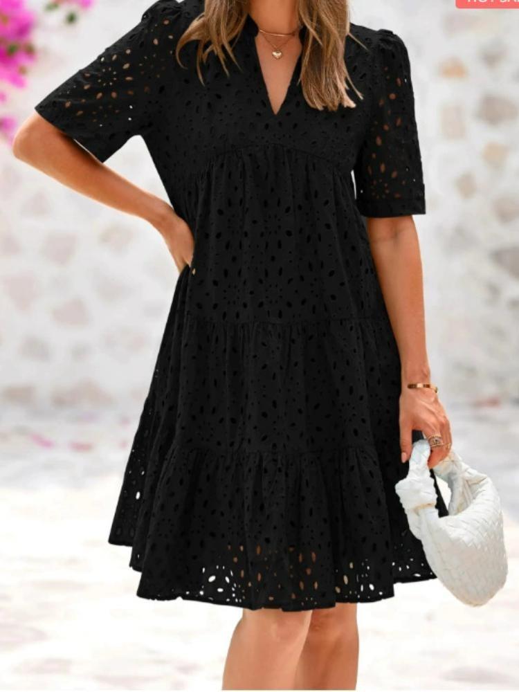 Sweet Hollow Lace Short Sleeve V Neck A Line Skirt Dress