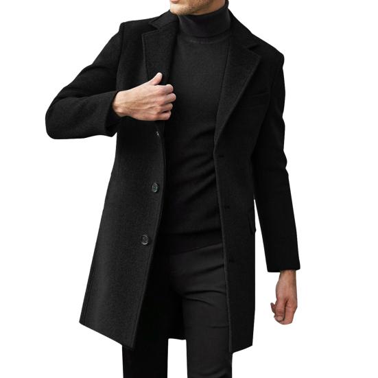 Winter Men Wool Overcoat Lapel Long Sleeve Single Breasted Mid-length Suit Coat Outwear Side Pockets Solid Color Long Outwear
