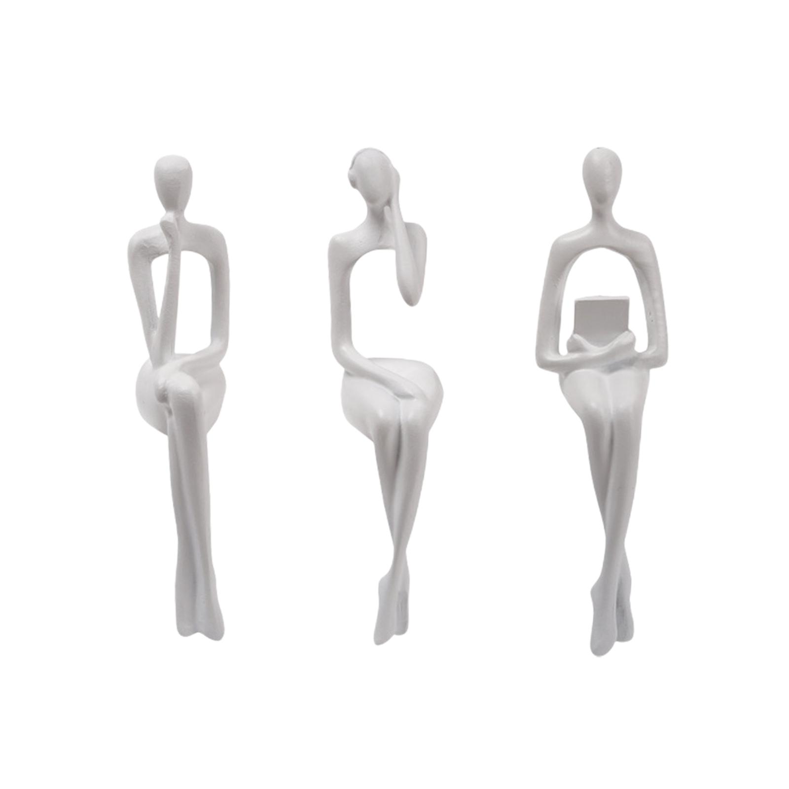3x Sitting Thinker Statue Sitting Posture Figurine for Table Bookcase Decor белый