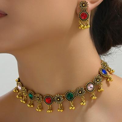 Vintage Crystal Flower Chunky Necklace Earrings for Women Ball Beads Jewelry Accessories