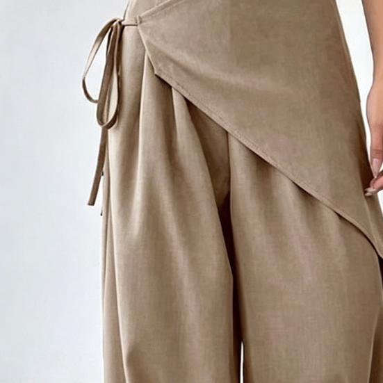 Yousheng Women Long Pants, Oversized Wide Leg Trousers with Apron Decor, Pure Color Elastic Waist Casual Pants for Daily Commuting