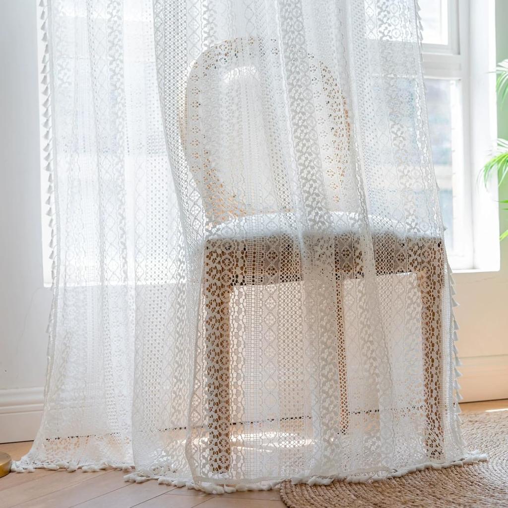 Boho Crochet Curtain, Sheer Lace Handmade Tassels Knitted Window Treatment Vintage Rustic Bohemian Farmhouse Drape for Bedroom