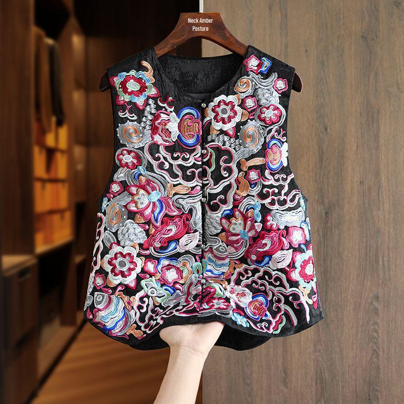 

Весна 2025 Этнический Ретро Вышитый Атласный Жилет С Воротником-Стойкой и Жемчужными Пуговицами 3XL чёрный