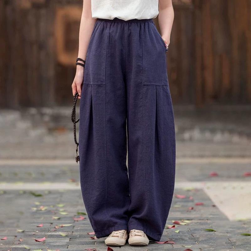 Pantaloni a Lanterna da Donna Retro a Vita Alta in Cotone e Lino - Taglie Forti, Colore Unito, Snellenti, Lunghi, Casual per Primavera/Estate