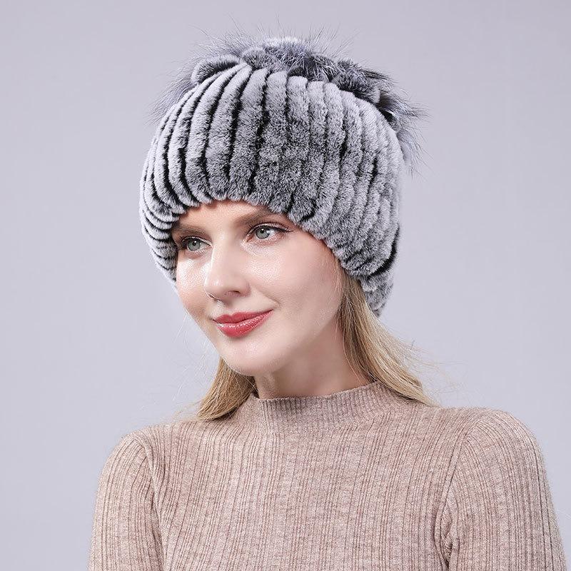 New Rex Rabbit Hair Hat Women's Winter Thickened Warm Fashion Versatile Elastic Fur Woven Hand-sewn Knitted Hat