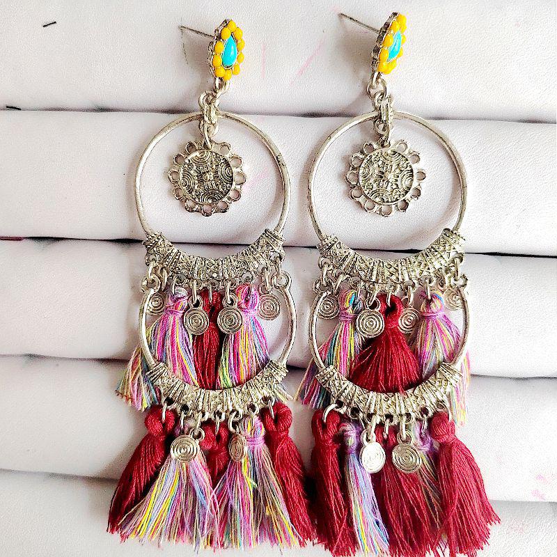Boho Geometric Tassel Earrings: Ethnic Style, Retro Personality, Long Dangle Ornaments.