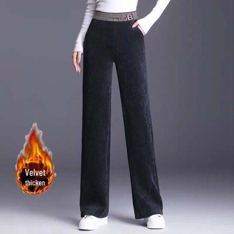 Dámské manšestrové kalhoty s vysokým pasem a širokými nohavicemi s fleecem - Pohodlné, volný střih pro podzim a zimu.