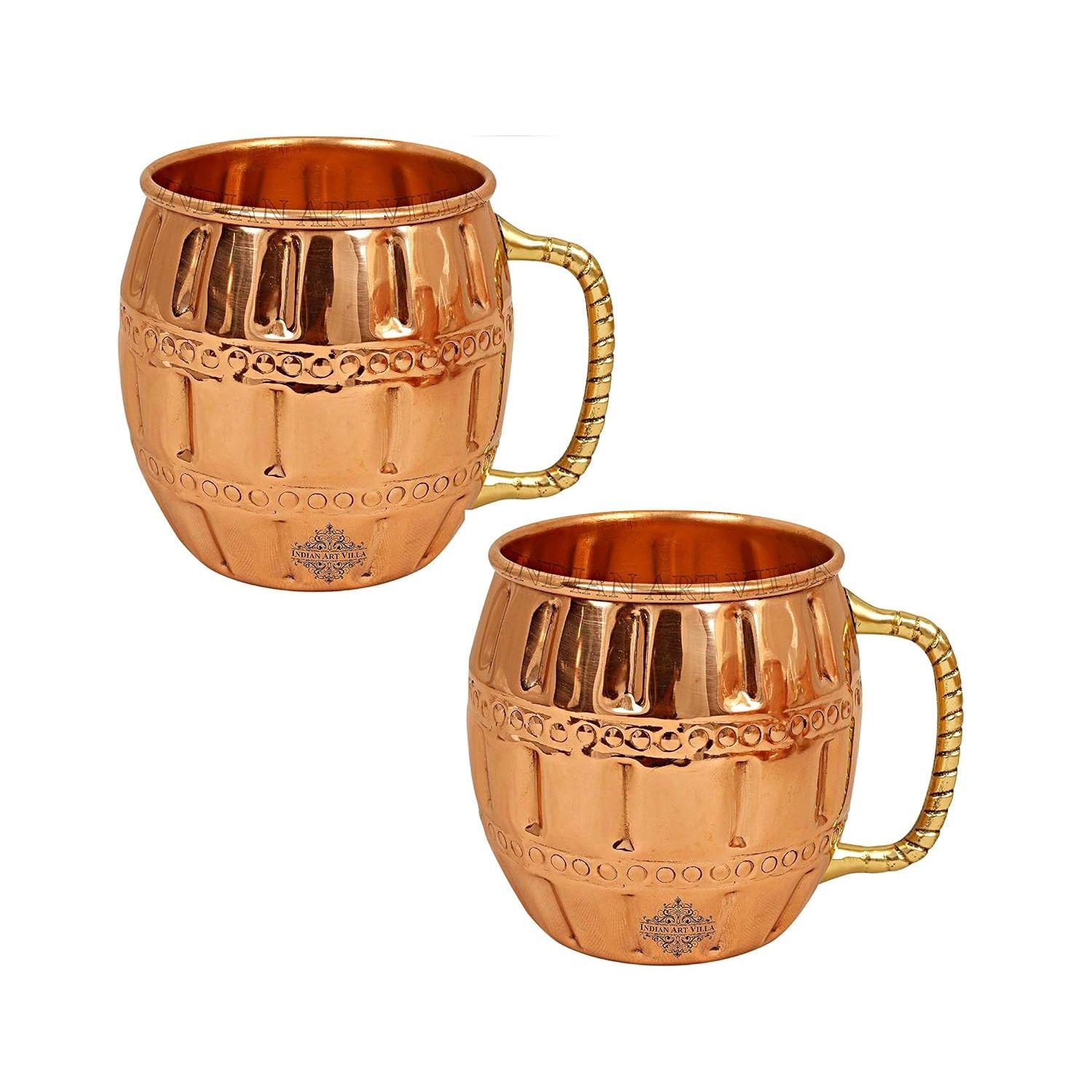 

Pure Copper Round Shaped Barrel Design Moscow Mule Beer Mug Cup, Best for Beer Cocktail Parties, Barware, Volume-600ML, Set of 2