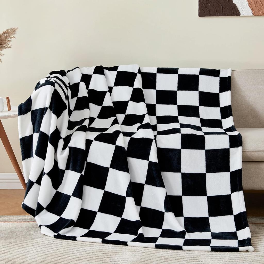 1PC Blanket for Couch Sofa Bed Plaid Decor Black White Checkered Blanket Cozy Fuzzy Soft Lightweight Warm Blankets  All Seasons