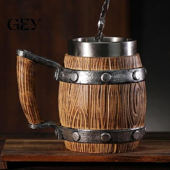Rustic Wood Grain Beer Cup Barrel Mug, 600ml Stainless Steel Liner Stein, Insulated Mug Tankard for Pub Home Bar Party Gift