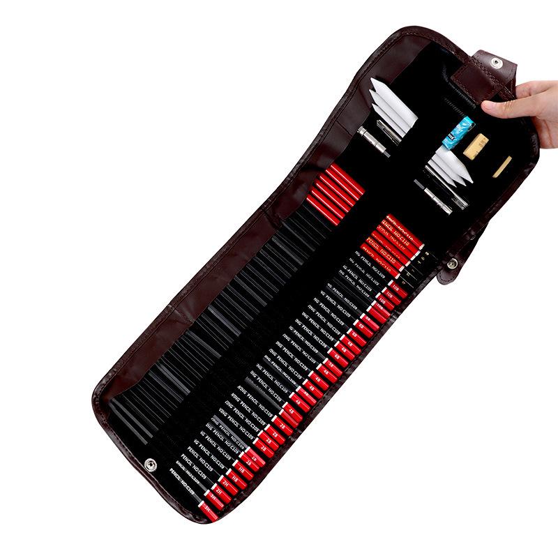 39-Piece Beginner Sketching Set: Charcoal Pencils, Eraser, Paintbrushes & Pencil Roll-up Case