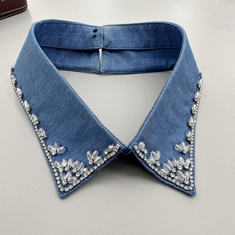Retro Rhinestone False Collar Neckline Women Lapel Fake Collar Woman Embroidery Removable Detachable Tie Clothing Accessories