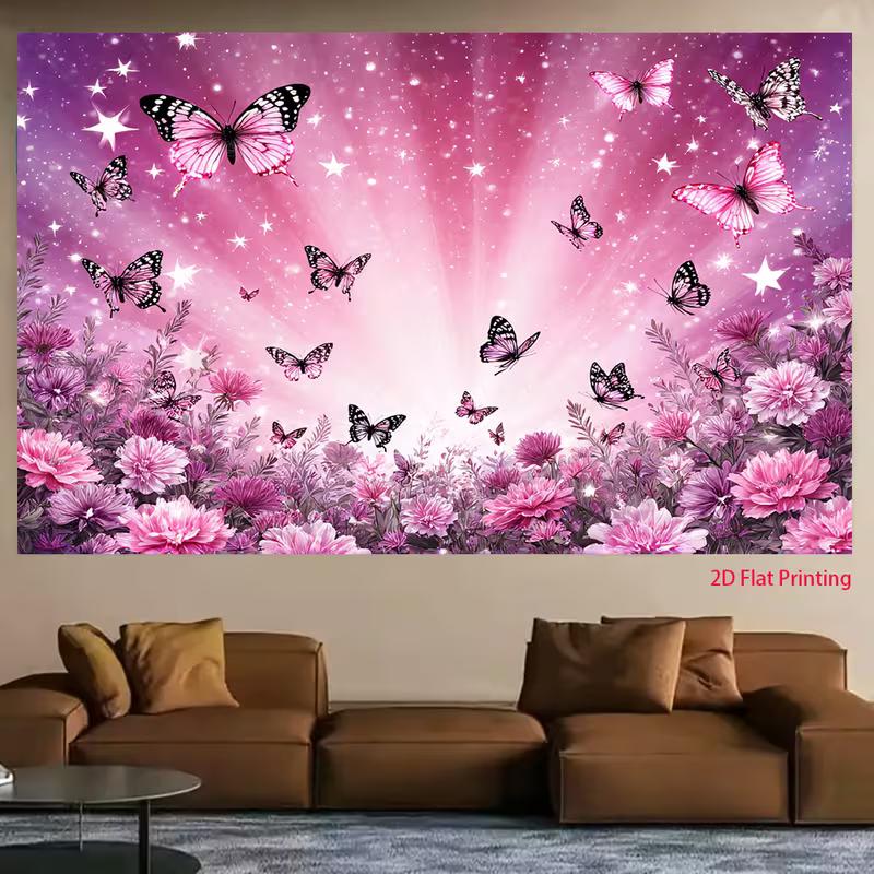 Whimsical Butterfly Backdrop, Dreamy Pink and Purple Scene with Butterflies, Flowers and Sparkles, Magical and Enchanting Party Wall Art