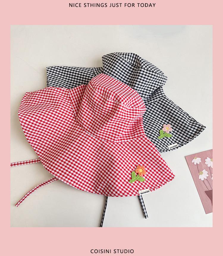 Women's Korean Checkered Wide Brim Fisherman Hat with Butterfly Tie for Summer Sun Protection