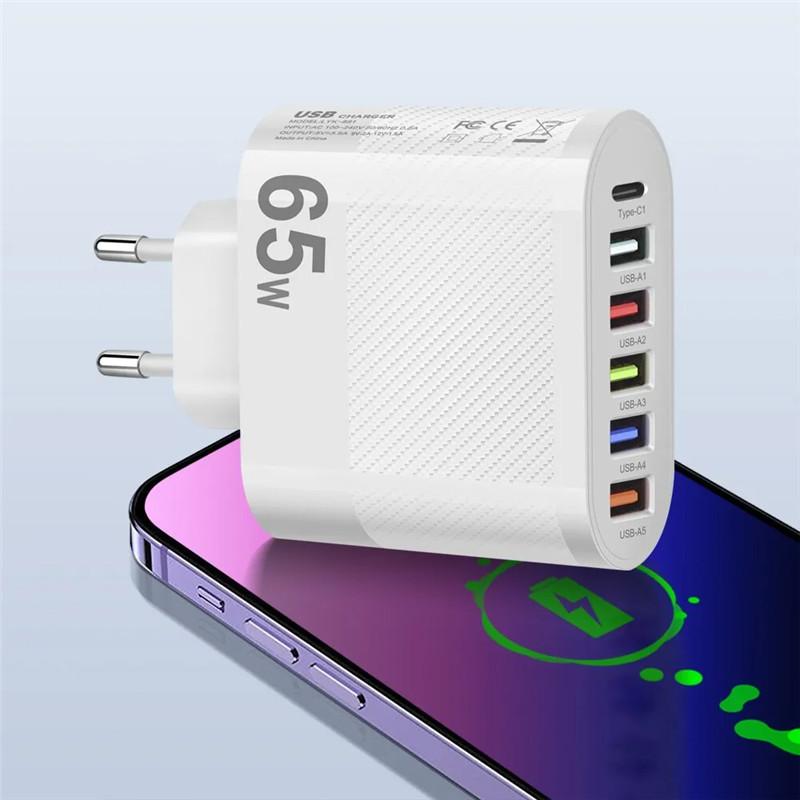 65W 6 Ports USB Charger Type C PD Fast Charging Adapter Mobile Phone Charger For Xiaomi iPhone Samsung Huawei QC 3.0 Charge Wall Charger