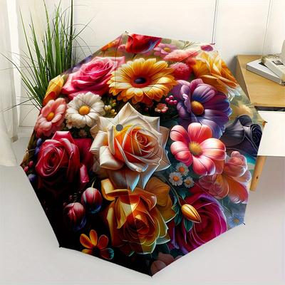 Floral Bouquet Theme Automatic Open/Close Umbrella, Portable 3 Fold Compact Umbrella for Men & Women, Valentine's Day Mother's Day Gift0725089