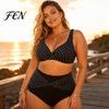 Eingebaute Stütze Badebekleidung 2 Teile/Set Große Größen Bikini-Set, Kreuz-Brust V-Ausschnitt BH mit Eingebauter Stütze, Punktmuster Set High-Waist Verdrehte Bikinihose,