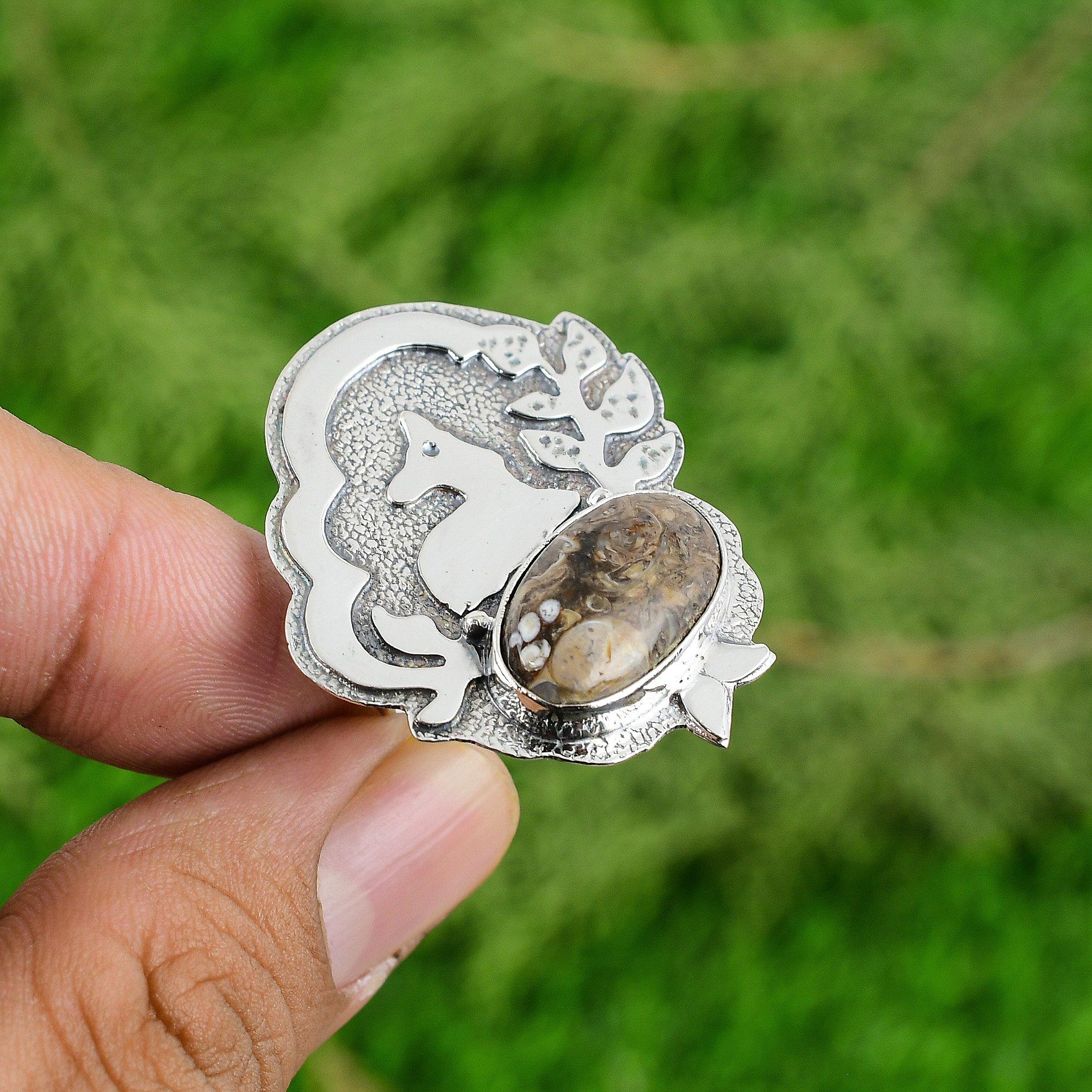 

Sterling Silver Oval Turritella Agate Gemstone Solitaire Daughter Ethnic Ring Adjustable