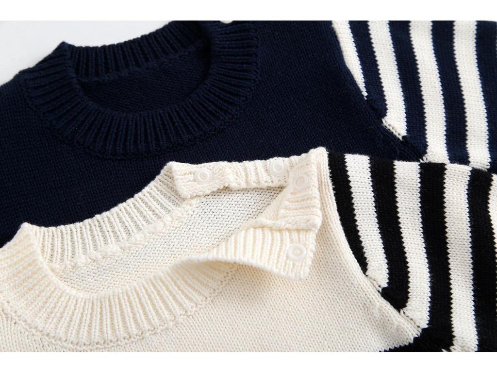 Frühling & Herbst Baby Baumwolle Knopf Strickpullover - Unisex Rundhals Streifen Oberteil