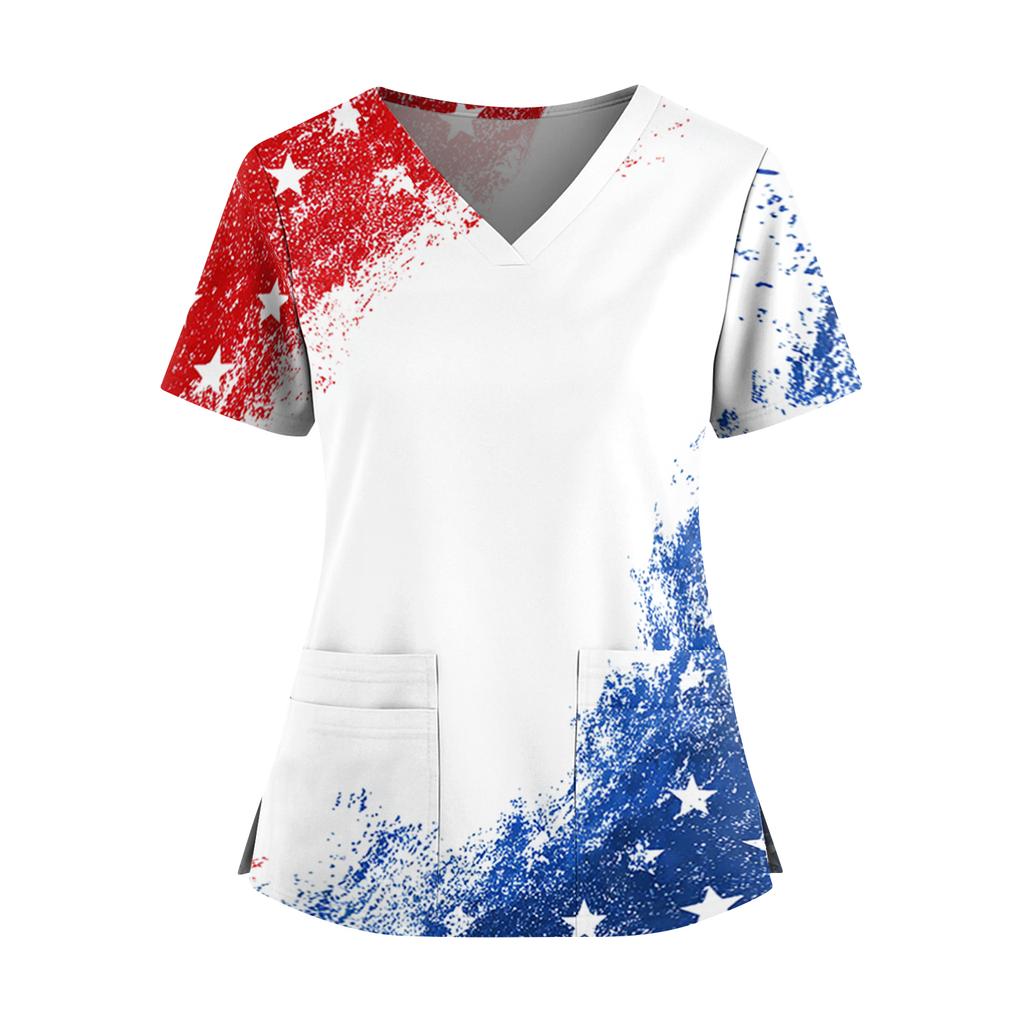 Women's Independence Day Print V-Neck Double Pocket Short Sleeve Uniform with Slit Hem - Caregiver Top
