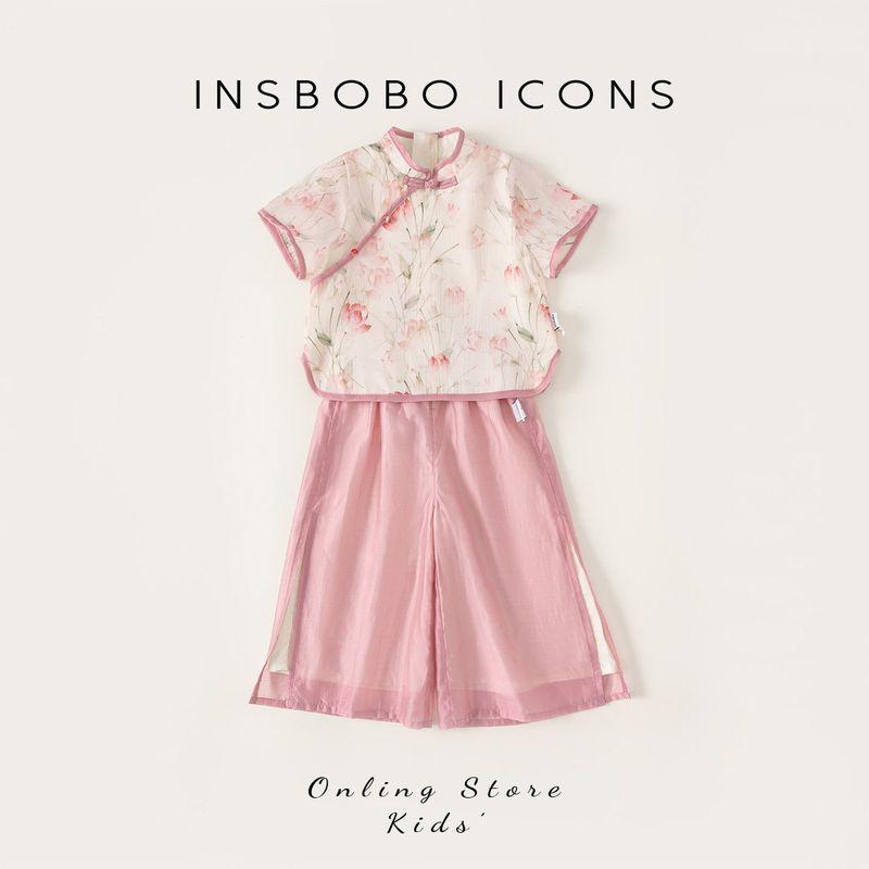 Insbobo Girls  Summer Suits New Arrival Kids New Chinese Style Han Dynasty Baby New Arrival Chinese Ancient Style Two-piece Set Children s Clothing Pink 80