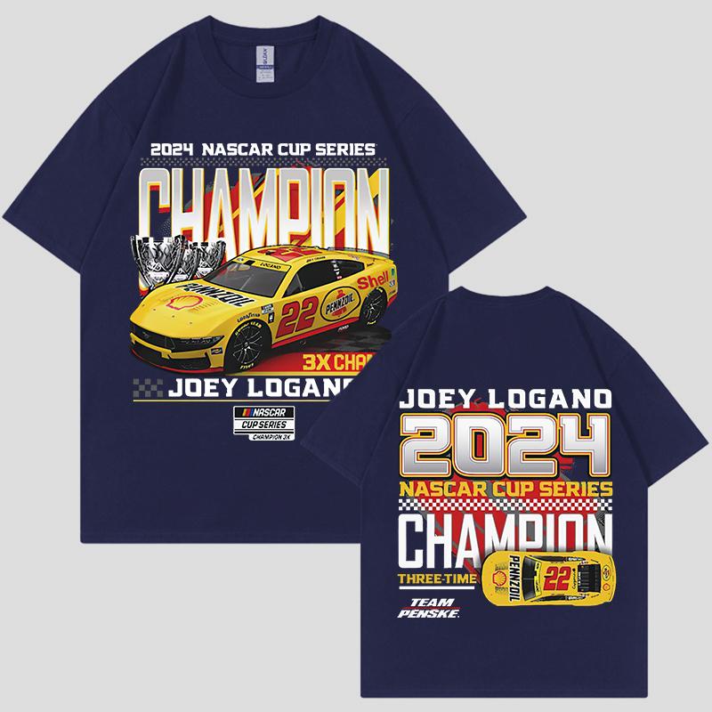 Joey Logano 2024 NASCAR Cup Series Champion Herren Baumwolle Bedrucktes T-Shirt Übergroß Locker Lässig Street Damen Shirt