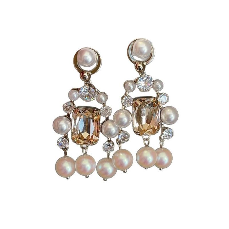 

Elegant Long Drop Fringe Earrings With Layered Pearls And Sparkling Zircon Stones For Women In Blue And Champagne Colors шампанського