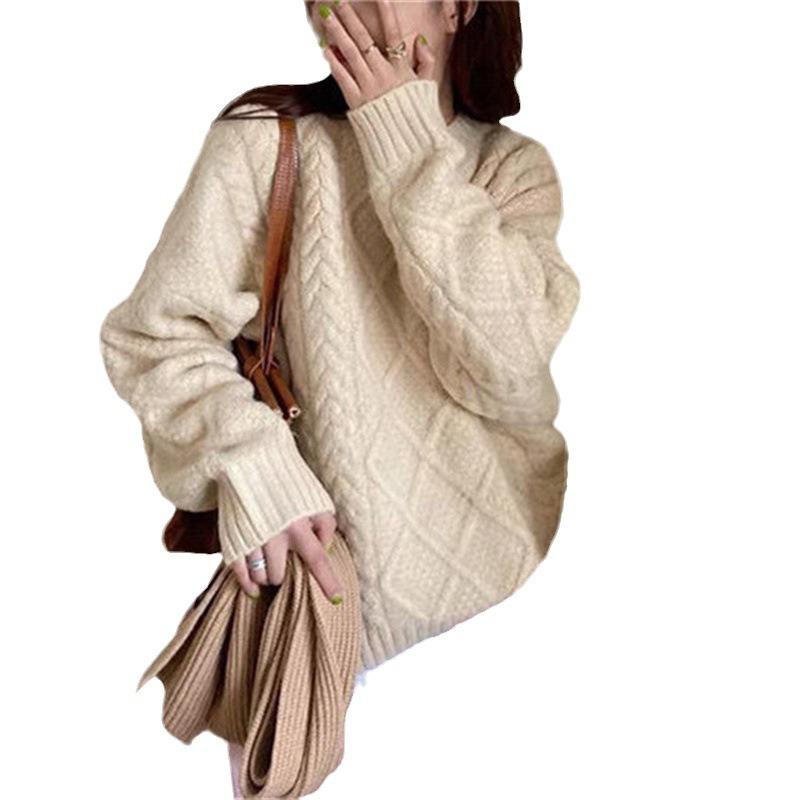 Thickened crew neck twist sweater women's new autumn and winter wear lazy wind loose pullover bottoming knitted top