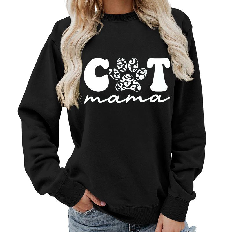 Women's Fashion Round Neck Long Sleeve Colorful Cat  Letter Top Sweatshirt