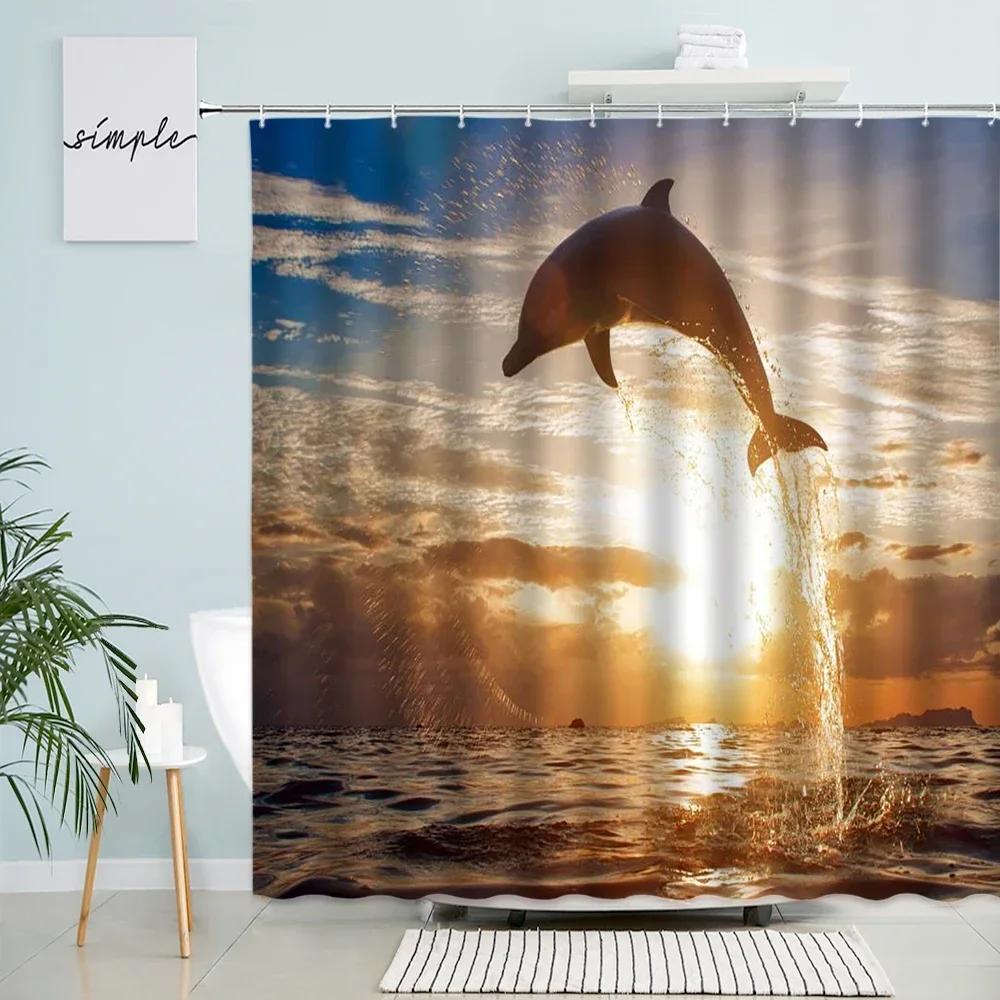 Funny Dolphin Shower Curtains Sunset Ocean Animals Tropical Fish Coral Children Bathroom Decor Polyester Bath Curtain with Hooks