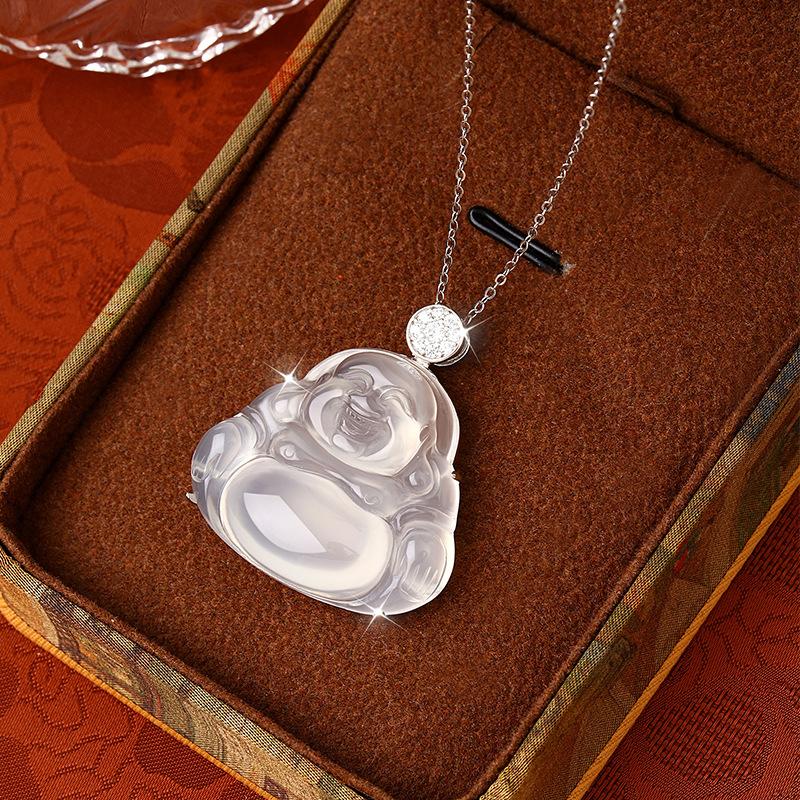 High Ice White Chalcedony Maitreya Buddha Necklace Women's Sterling Silver S925 New Chinese Guochao Buddha Male Clavicle Chain
