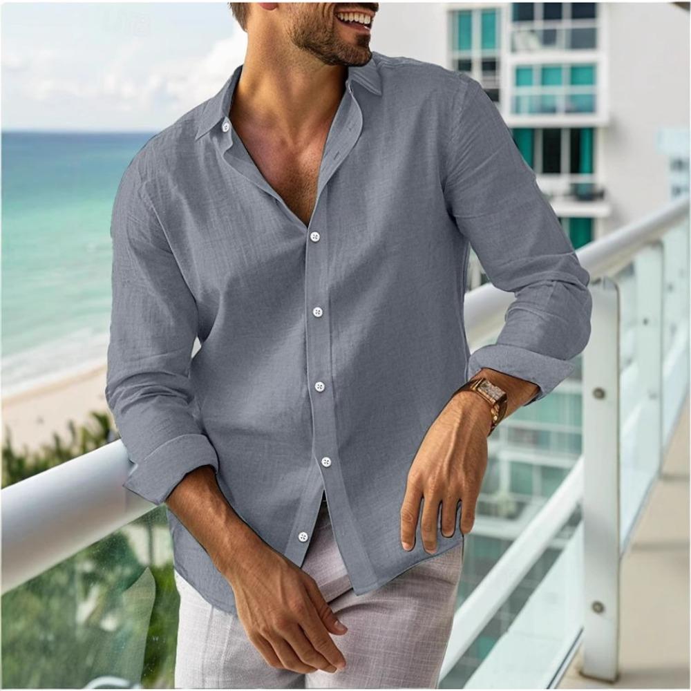 Men's Summer Shirt Button-down Shirt Long-sleeved Plain-coloured Collared Shirt Spring/Summer Casual Everyday Wear