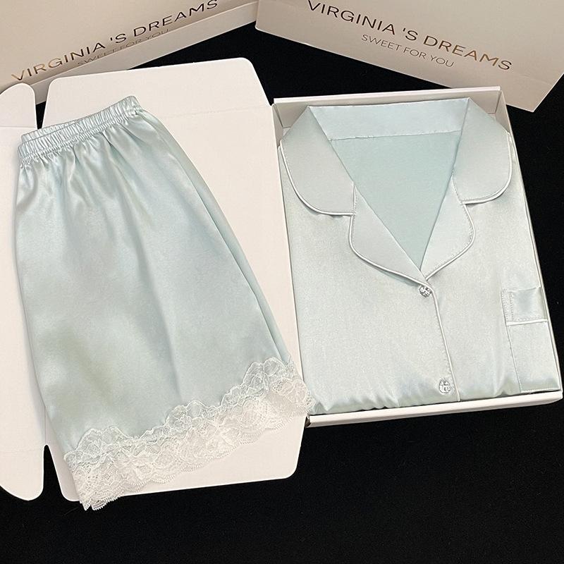 Wind Ice Silk Pajamas Women'S Summer Short-Sleeved High-End Simple Solid Color Summer Suit