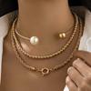 Personalized Punk Metal Ring Collar Necklace Asymmetrical Imitation Pearl Beaded Necklace Set