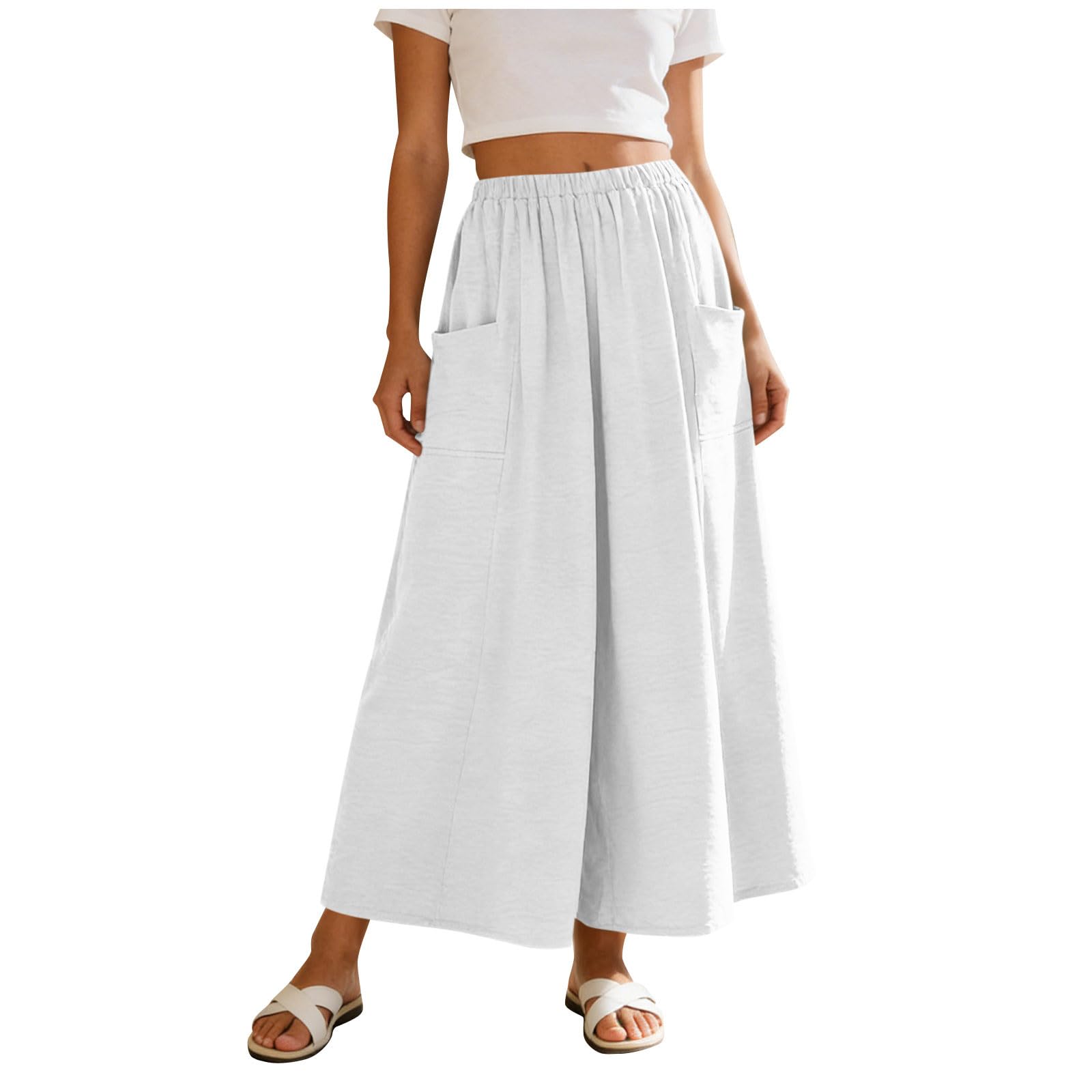 

Women’s Wide Leg Palazzo Pants with Elastic Waist and Pockets Loose Fit Cropped Trousers Casual Style for Everyday Wear XL білий