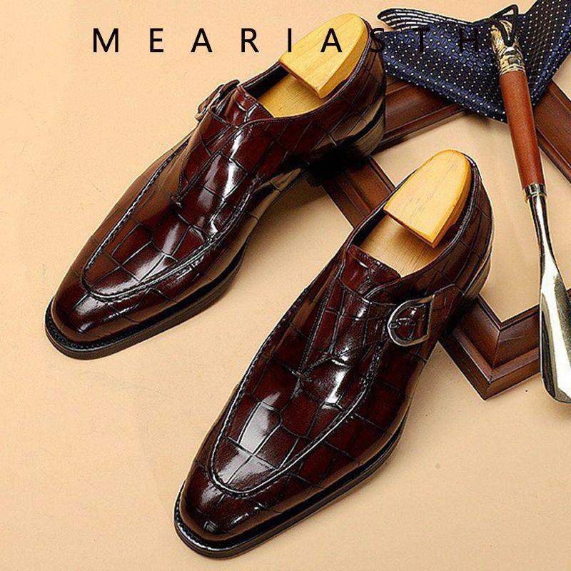 Men's Formal Leather Monk Shoes - European & American Style, Alligator Pattern, Square Toe, Retro Handmade