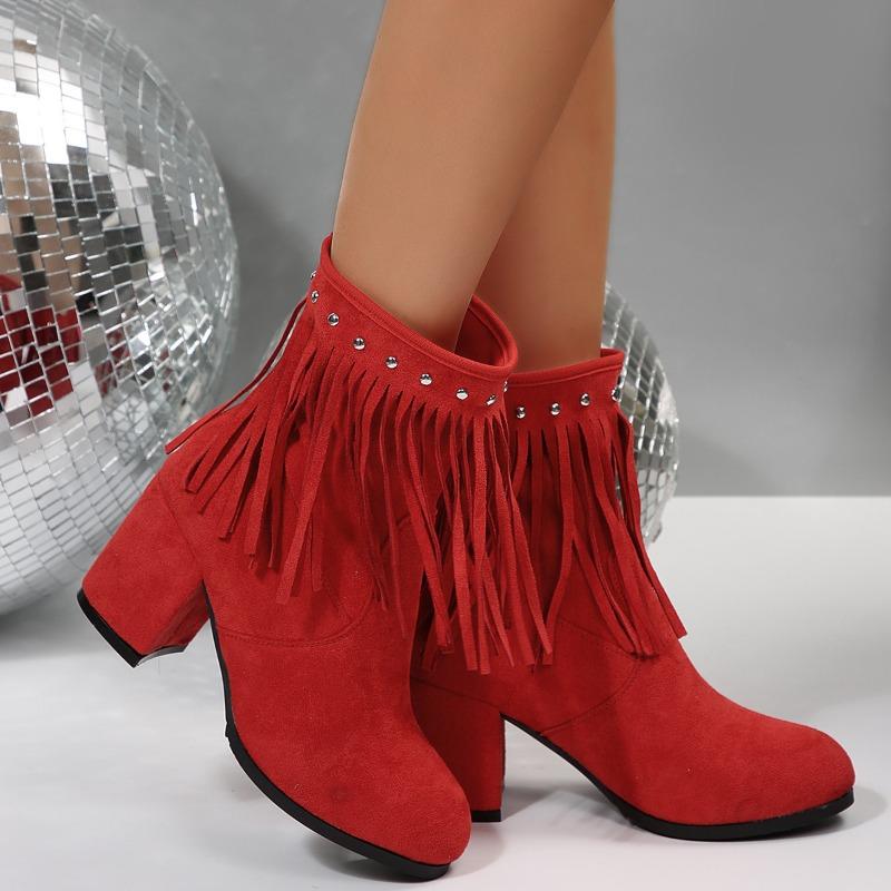 Rivet Suede Plus Size High Heeled Fashion Boots 2025 Winter New Fringed Boots for Women