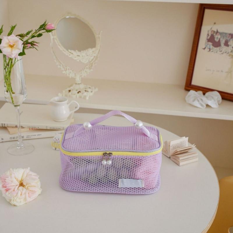 Spacious Nylon Mesh Makeup Bag Cosmetic Organizers Zippers Closures for Travel Bathroom Storage