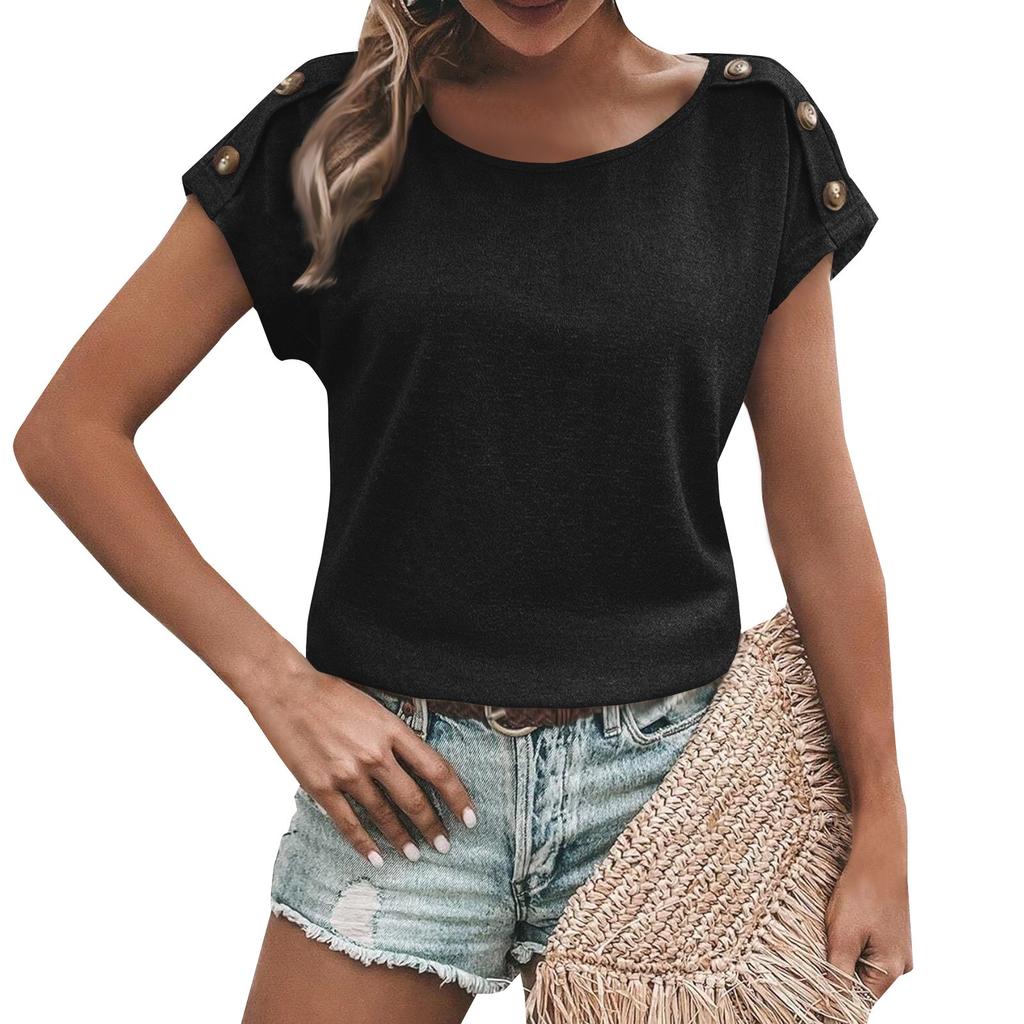 Women's Fashion New Round Neck Solid Color Button Short Sleeve Top